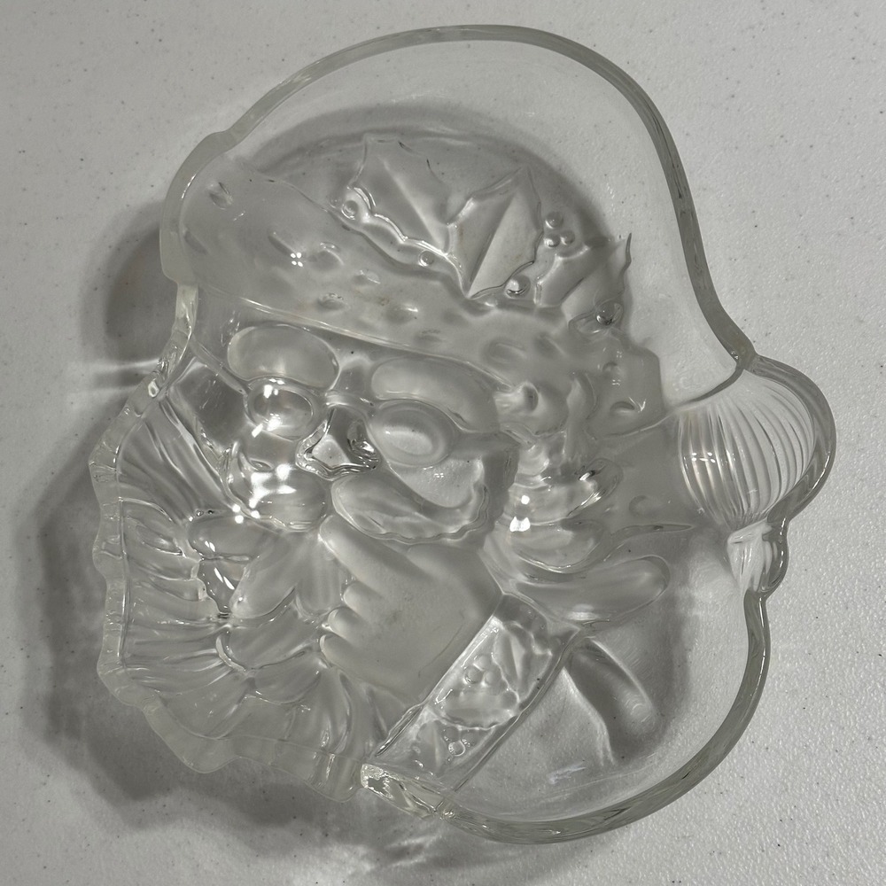 Mikasa Santa Claus Frosted Pressed Glass Holiday Serving Bowl Candy Dish Clear